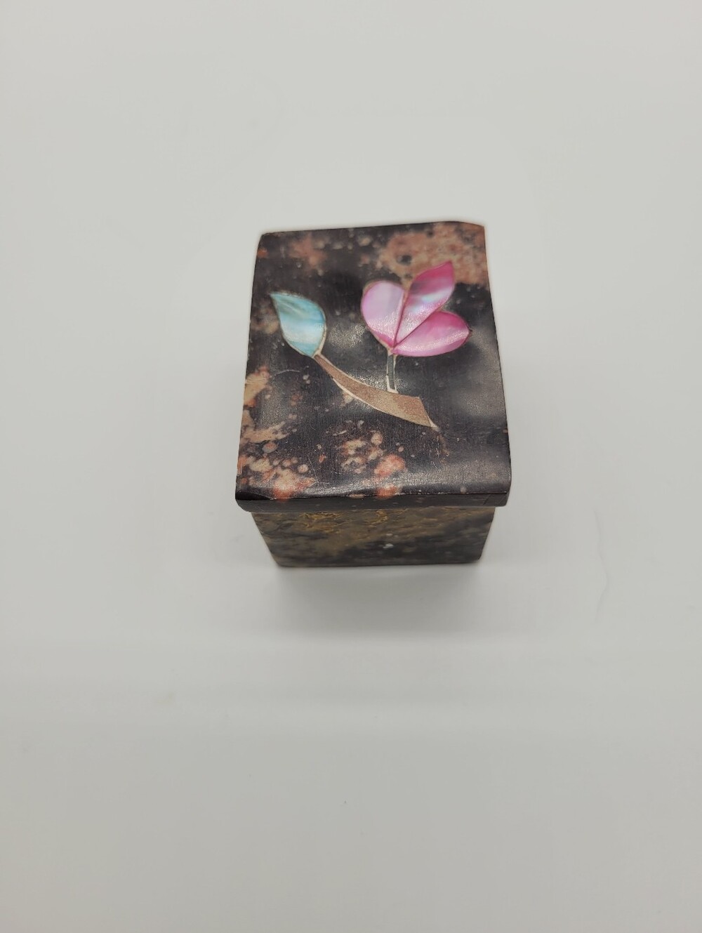 Vintage Hand-Carved Soapstone Trinket Box | Mother of Pearl Floral Inlay | Made